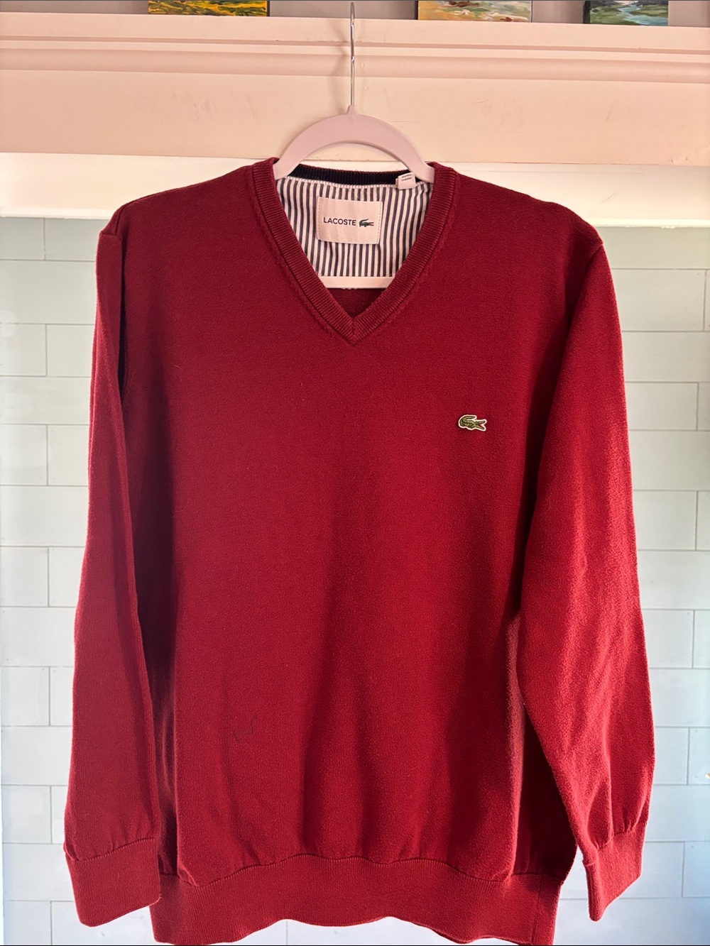 Lacoste Men’s V-Neck Sweater in‎ Burgundy